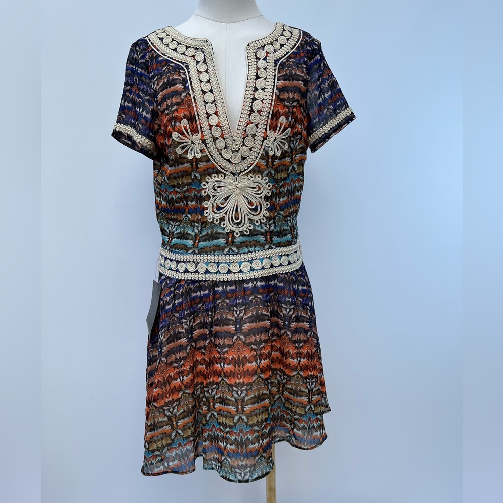 BEBE Embellished Boho Print Fit & Flare Mini Dress Short Sleeve Sz 6 NWT - Picture 4 of 16